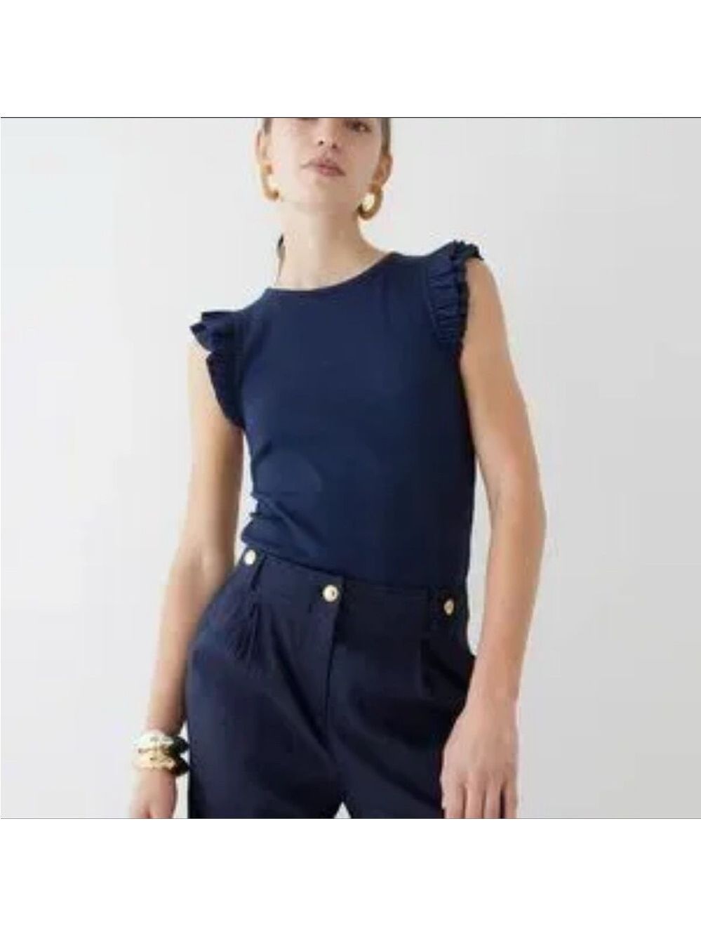 J. Crew Vintage Navy Ribbed Ruffle Sleeve Shirt Size Small